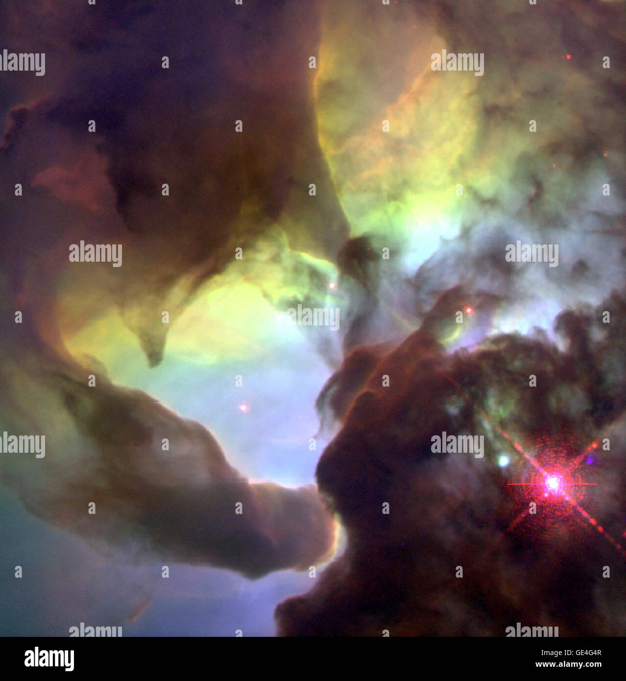 Das Hubble-Weltraumteleskop erfasst ein eindrucksvolles Bild zweier interstellarer Twister im Lagoonnebel. Diese Strukturen, die an verdrehte Trichter erinnern, werden vom Stern O Herschel 36 ionisiert und sind Teil einer dynamischen Raumregion. Stockfoto Das Hubble-Weltraumteleskop erfasst ein eindrucksvolles Bild zweier interstellarer Twister im Lagoonnebel. Diese Strukturen, die an verdrehte Trichter erinnern, werden vom Stern O Herschel 36 ionisiert und sind Teil einer dynamischen Raumregion. Stockfoto