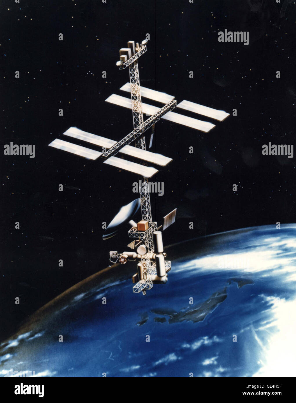 Dies ist eine künstlerische Darstellung der vorgeschlagenen "Power Tower" Raumstation Konfiguration, gezeigt mit dem japanisches Experiment-Modul befestigt. Dieses Modell und einige andere wurden untersucht, vor der Entscheidung über die Raumstation Freedom-Struktur, die später zugunsten der internationalen Raumstation ISS aufgegeben wurde. Stockfoto
