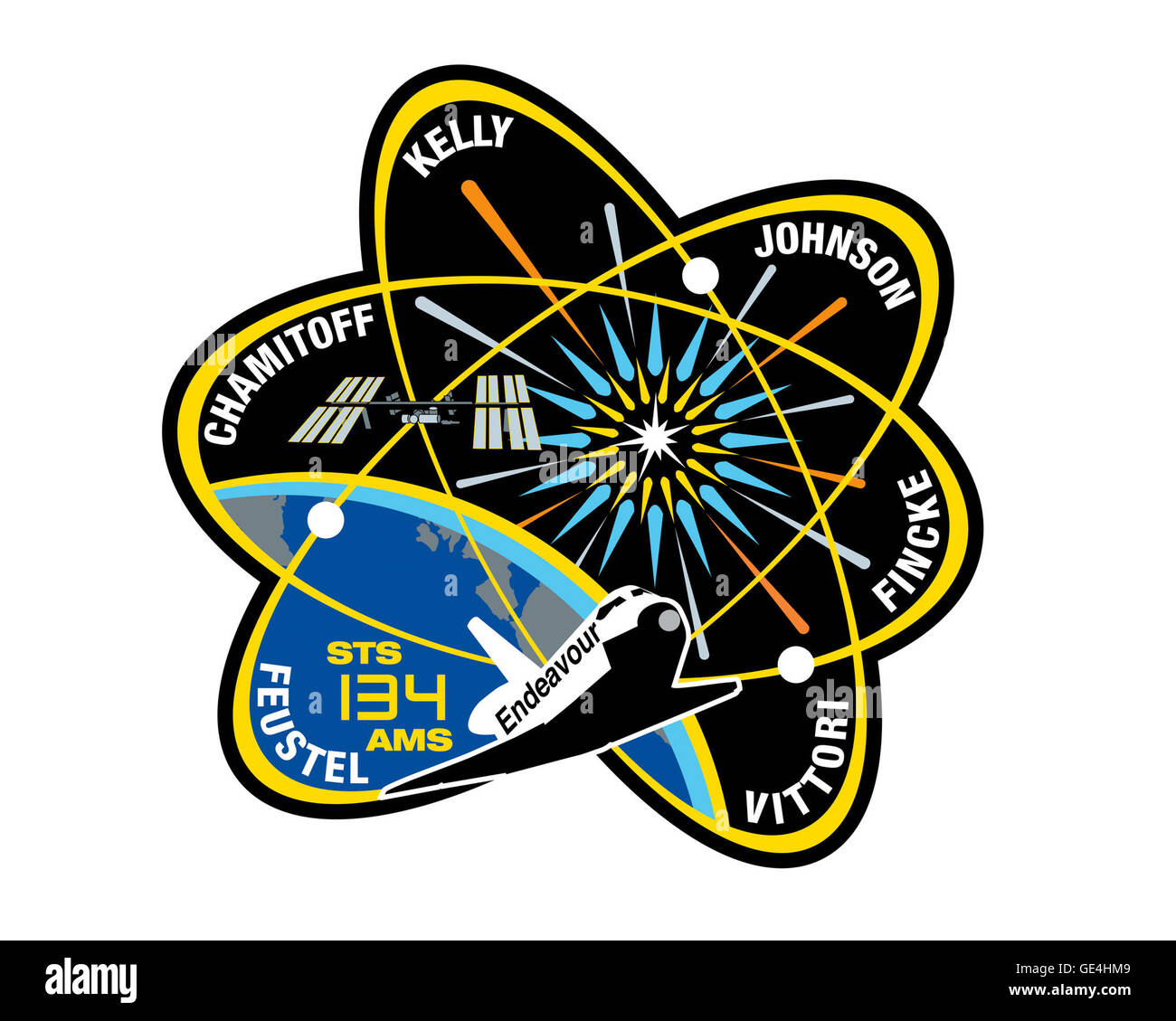 Start: 16. Mai 2011, 8:56 Uhr EDT Landung: 1. Juni 2011, 2:34 Uhr EDT, Kennedy Space Center Space Shuttle: Endeavour Besatzung: Kommandant Mark Kelly, Pilot Greg H. Johnson, Mission-Spezialisten Michael Fincke, Roberto Vittori, Andrew Feustel, Greg Chamitoff STS-134 war die letzte Mission der Endeavour. Der Zweck der Mission war die Alpha Magnetic Spectrometer-2 (AMS) und wichtige Versorgung einschließlich zwei Kommunikation Antennen, einen Hochdruck-Gas-Tank und Zusatzteile für den Dextre Roboter liefern.   www.NASA.gov/mission pages/Shuttle/shuttlemissions/sts134... (http://www.nasa.gov/mission pages Stockfoto