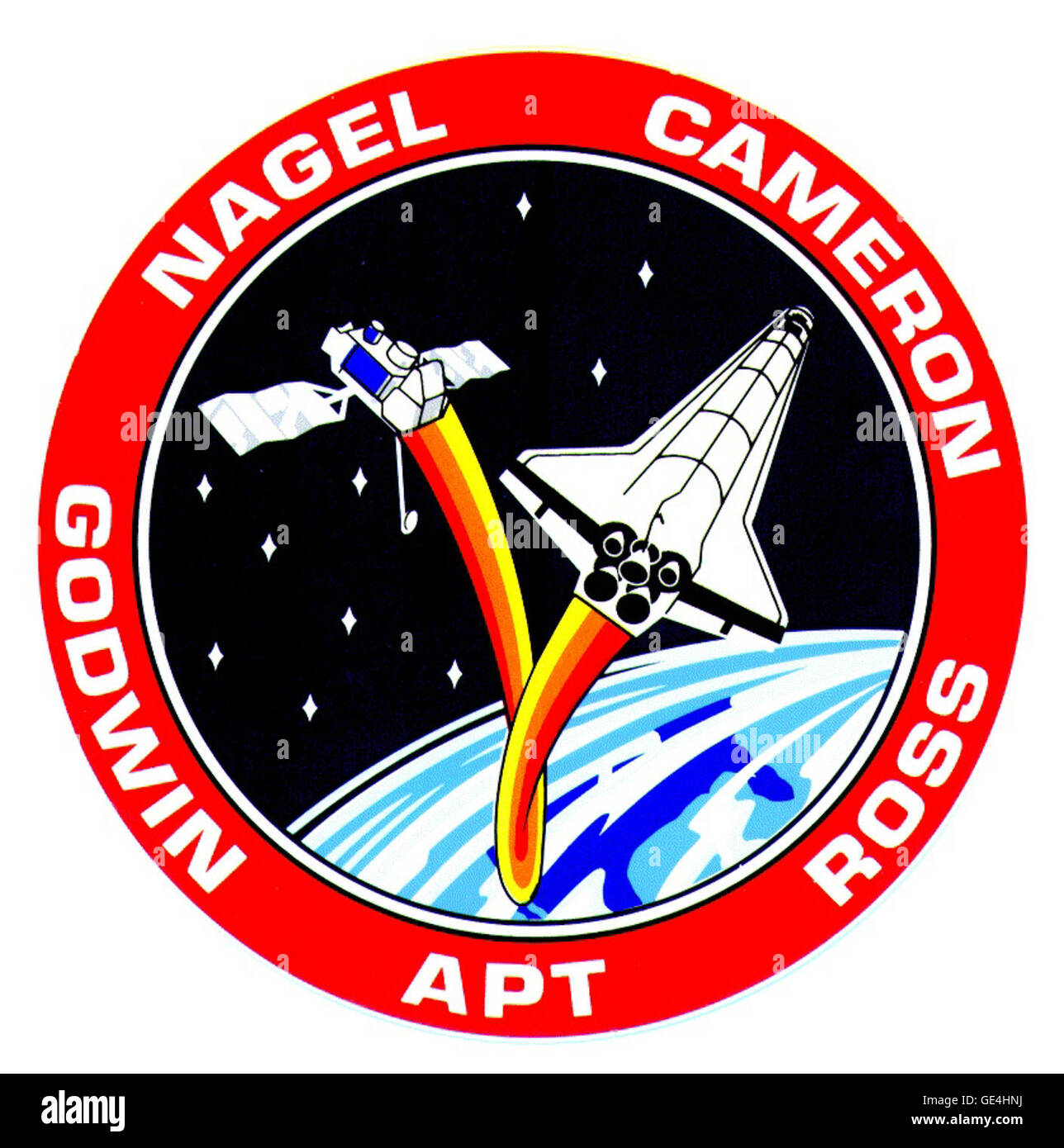 Start: 5. April 1991 Landung: 11. April 1991 Edwards Air Force Base, Cal Astronauten: Steven R. Nagel, Kenneth D. Cameron, Jerry L. Ross, Jay Apt und Linda M. Godwin Space-Shuttle: Atlantis zwei Astronauten den ersten geplanten Weltraumspaziergang seit November 1985 zum Testen für Astronauten, sich selbst und Ausrüstung zu bewegen unter Beibehaltung der geplanten Raumstation Freiheit bedeutet durchgeführt. Sie im Einsatz auch die Gamma Ray Observatory (GRO).  www.NASA.gov/mission pages/Shuttle/shuttlemissions/Archiv... (http://www.nasa.gov/mission pages/shuttle/shuttlemissions/archives/sts-37.html) Stockfoto