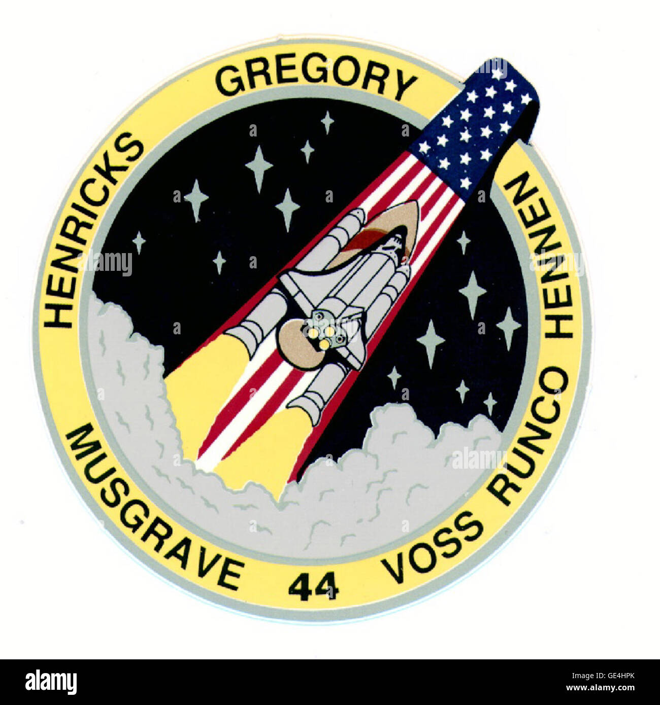 Die STS-44, die am 24. November 1991 startete und am 1. Dezember 1991 landete, war eine Mission des Verteidigungsministeriums an Bord des Space Shuttle Atlantis. Die Besatzung bestand aus den Astronauten Frederick D. Gregory, Terence T. Henricks, Mario Runco Jr., James S. Voss, F. Story Musgrave, und Thomas J. Hennen. Die Mission führte verschiedene Experimente im Weltraum durch. Stockfoto