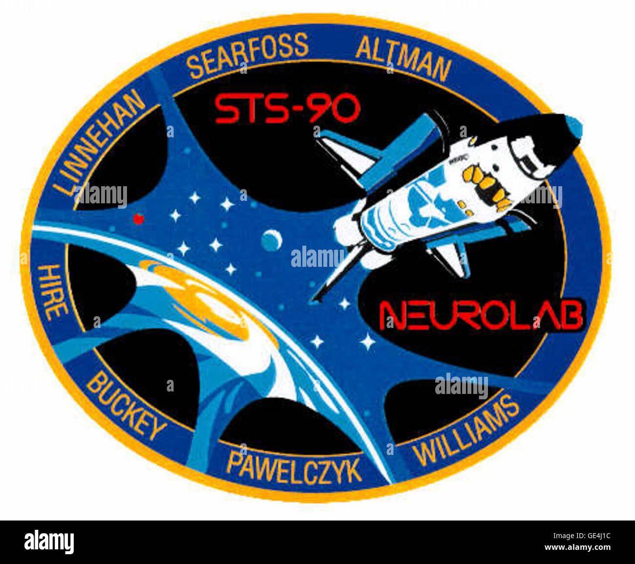 Ein Foto von der STS-90-Mission, das ein Ereignis oder eine Operation während dieses Space-Shuttle-Fluges zeigt. Das Bild spiegelt den Fokus der Mission auf wissenschaftliche Forschung und Experimente im Weltraum wider. Stockfoto