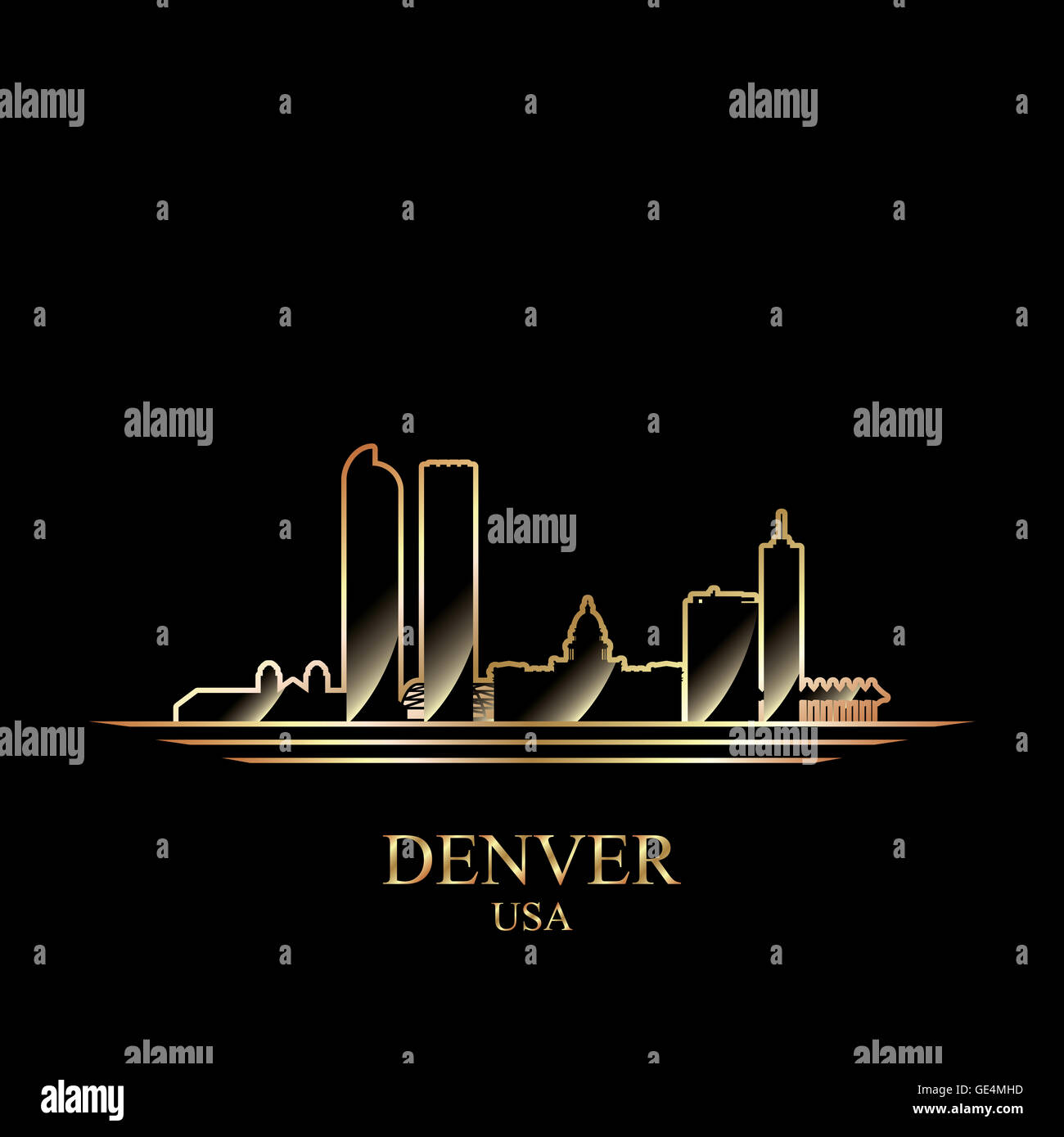 Goldene Silhouette des Denver auf schwarzem Hintergrund Stockfoto
