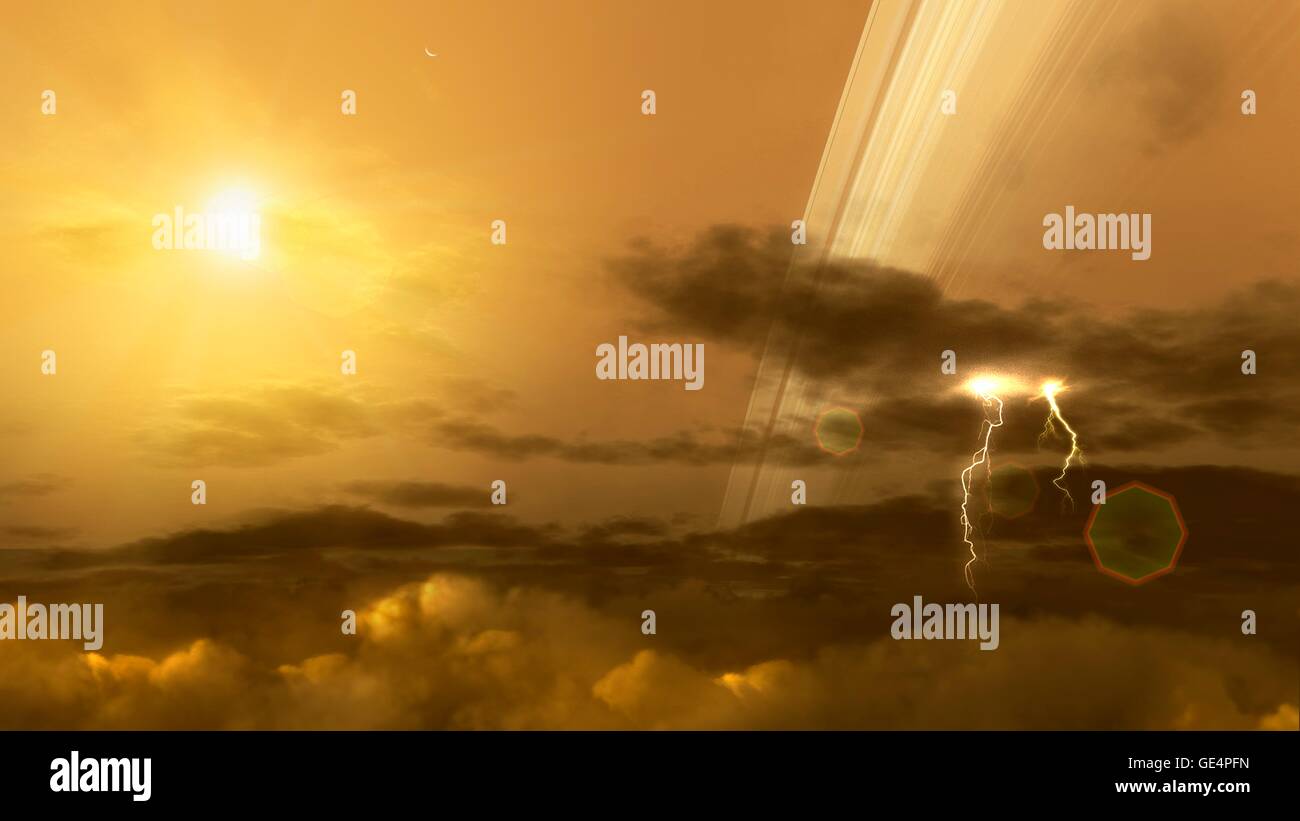Kunstwerk zeigt einen Blick von der oberen Atmosphäre des Saturn. Wir sind auf einer Breite von etwa 45 Grad auf Saturn, Blick nach Süden. Soweit wir sehen können, erstrecken sich Wolken in die Ferne. Titanâ€™ s Halbmond setzt neben der Sonne. Aber das wichtigste Aushängeschild ist die glorreiche Ringsystem auf diesem riesigen Planeten. Stockfoto