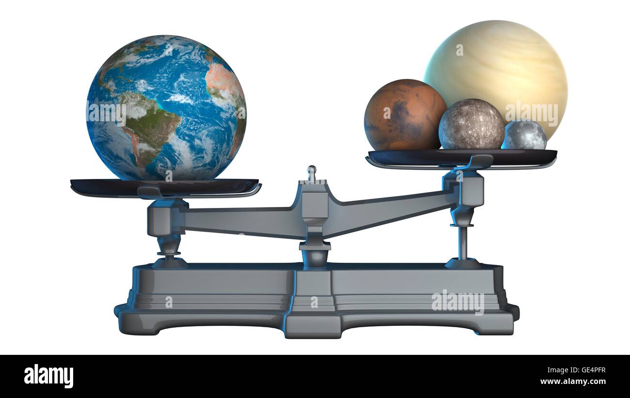 Erde der Masse. Abbildung der terrestrischen oder felsigen Planeten des Sonnensystems auf eine Waage mit der Erde überwiegt die felsigen Planeten und der Mond zusammen. Die kombinierte Masse der Venus, Mars, Merkur und Mond ist 98,9 % der Masse der Erde. Stockfoto