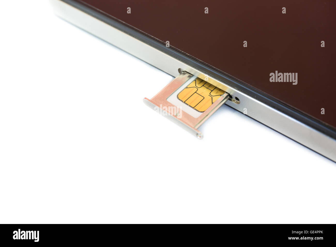 Closeup-Nano-SIM-Karte, Smartphone auf weißem Hintergrund einfügen Stockfoto