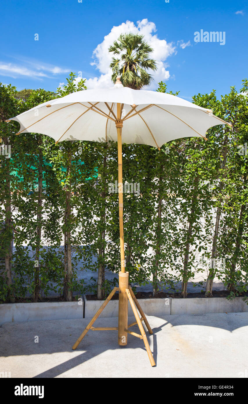 Holzmöbel fallenden Regenschirm im Garten und blauer Himmel Stockfoto