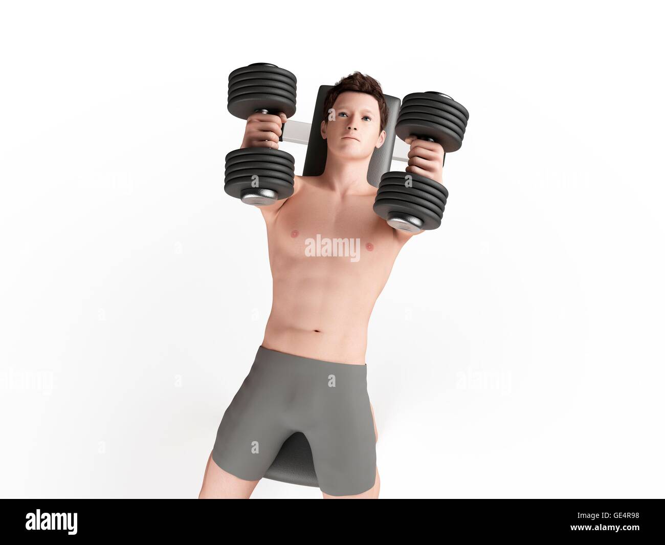 Mann tut Hantel Fliege mit Hanteln, Abbildung. Stockfoto