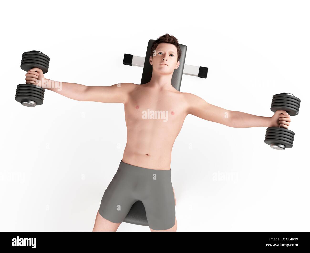 Mann tut Hantel Fliege mit Hanteln, Abbildung. Stockfoto