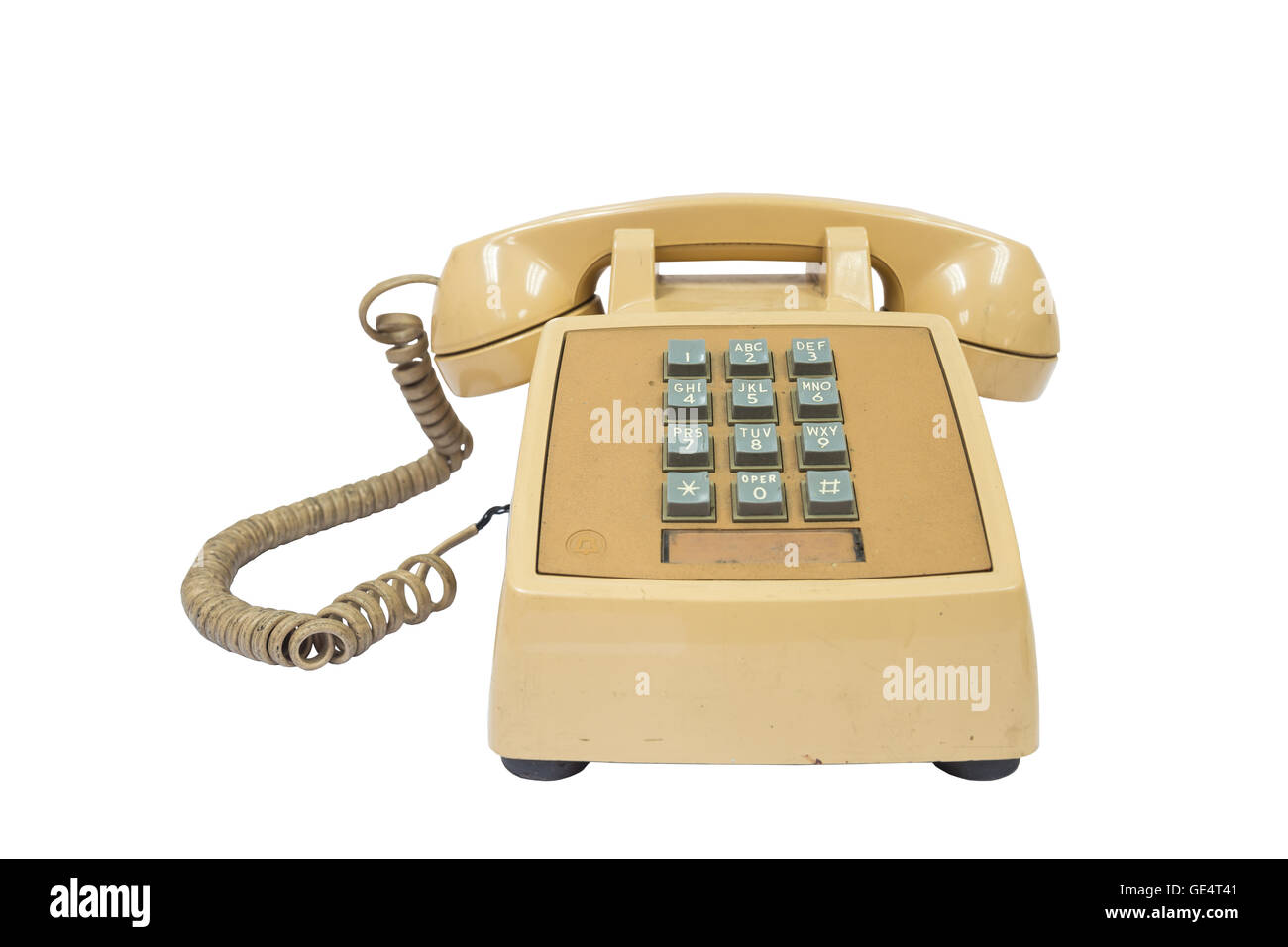 ältere 80er Telefon Vorderansicht isoliert weiss. altes Haustelefon Stockfoto