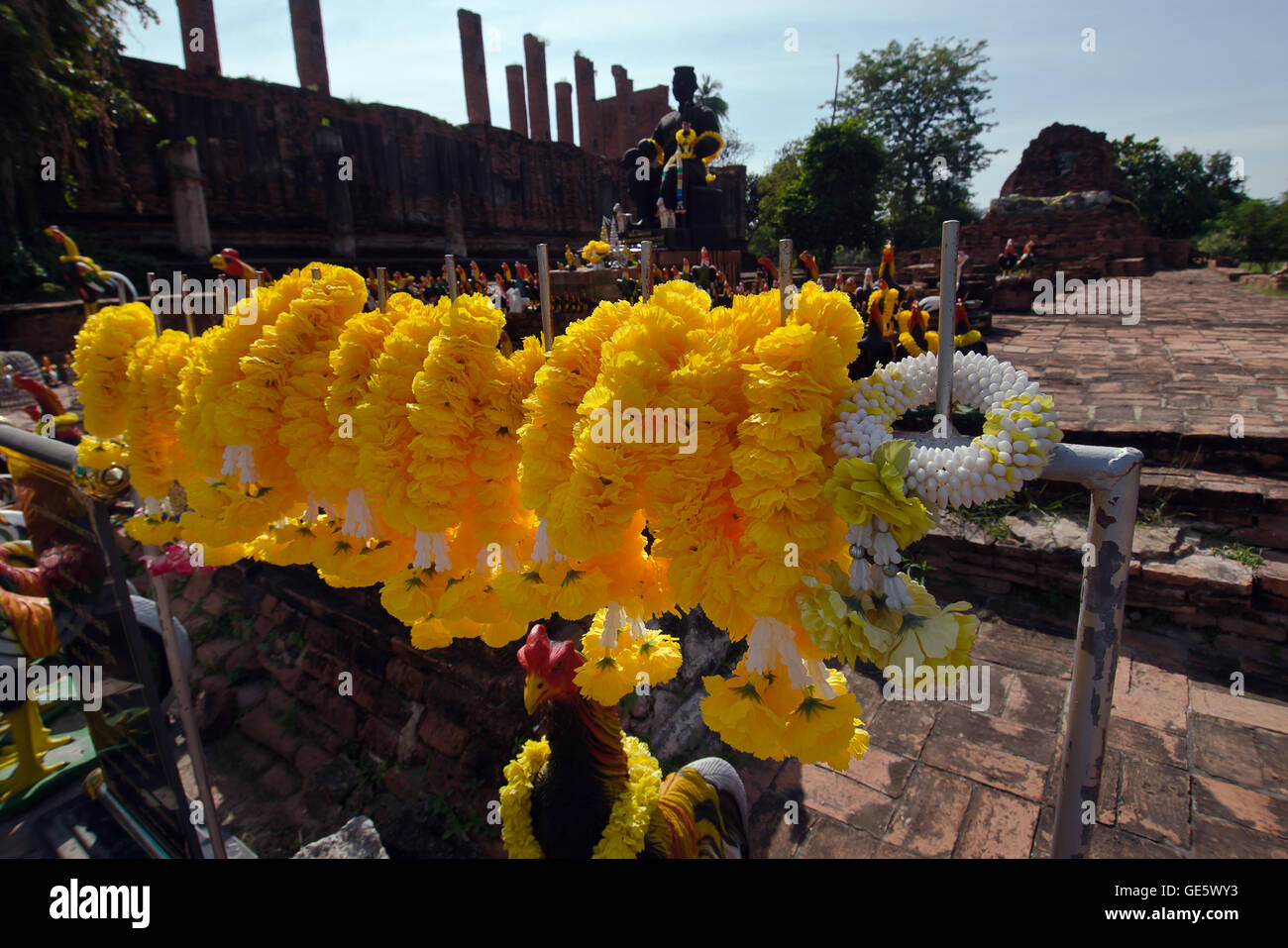 Reihe von Garland und Kranz für den Gottesdienst König Naresuan (schwarze König) im Wat Tam Migarat Ayutthaya, Thailand Stockfoto