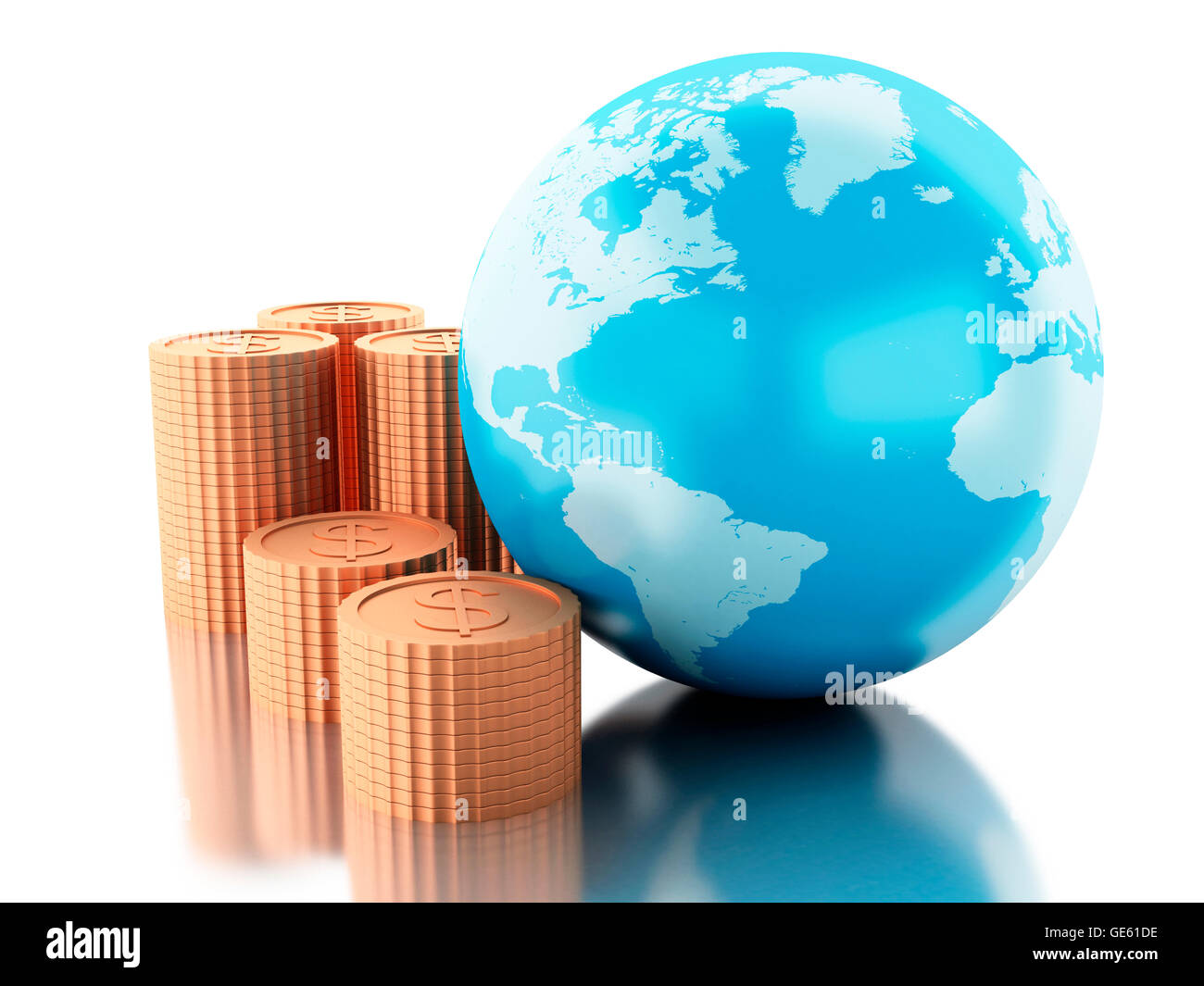 3D Renderer Bild. Globus mit Münzen. Globale Geld-Konzept. Isolierten weißen Hintergrund. Stockfoto