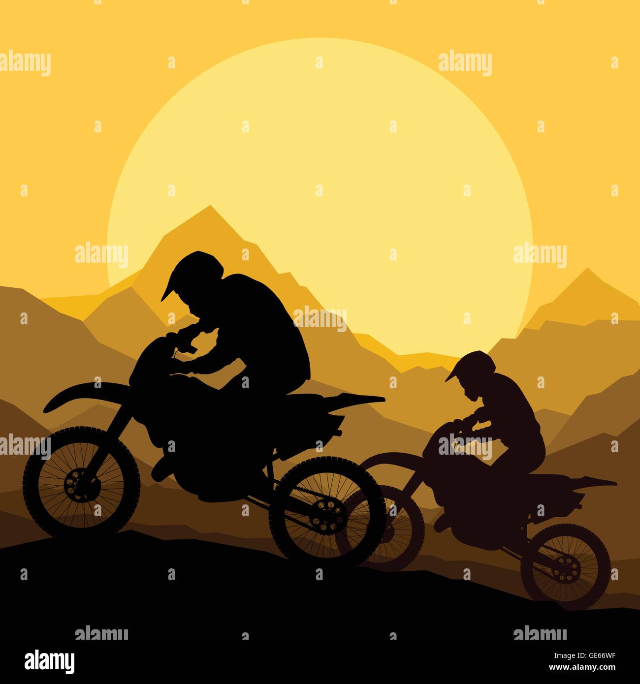 Motorradfahrer Motorrad-Silhouetten in wilden Berg Landschaft Hintergrund Illustration Vektor Stock Vektor