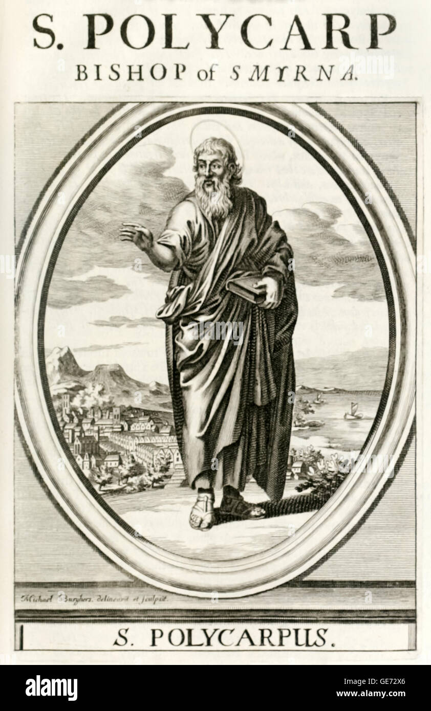 Saint Polycarp Bishop von Smyrna (69-155) Hauptwerk ist seinem Brief an die Philipper, starb er als Märtyrer durch gebunden und auf dem Scheiterhaufen verbrannt und dann stach, wenn die Flammen ihn nicht verschlingen. Stockfoto