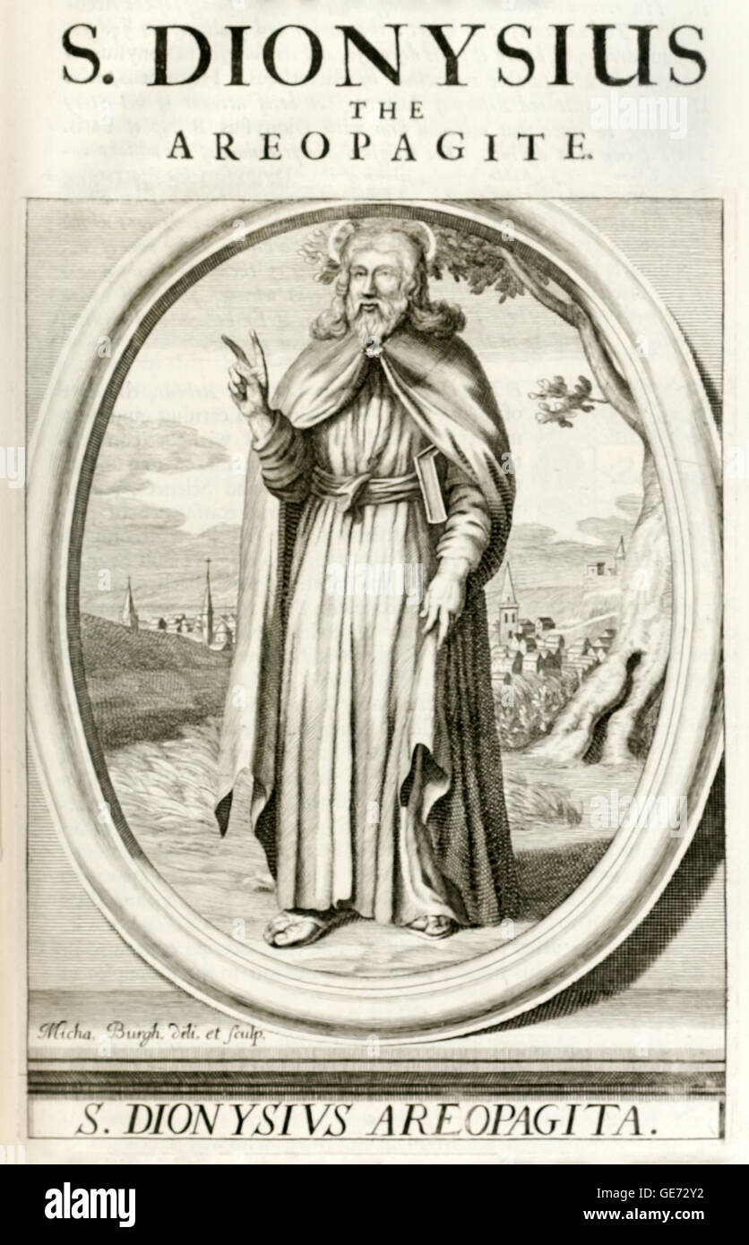 St. Dionysius Areopagita (ca. 1. Jahrhundert) bekehrt zum Christentum durch die Verkündigung des Apostels Paulus während der Areopag Predigt und der erste Bischof von Athen gezeigt, hält ein Evangelium-Buch. Stockfoto