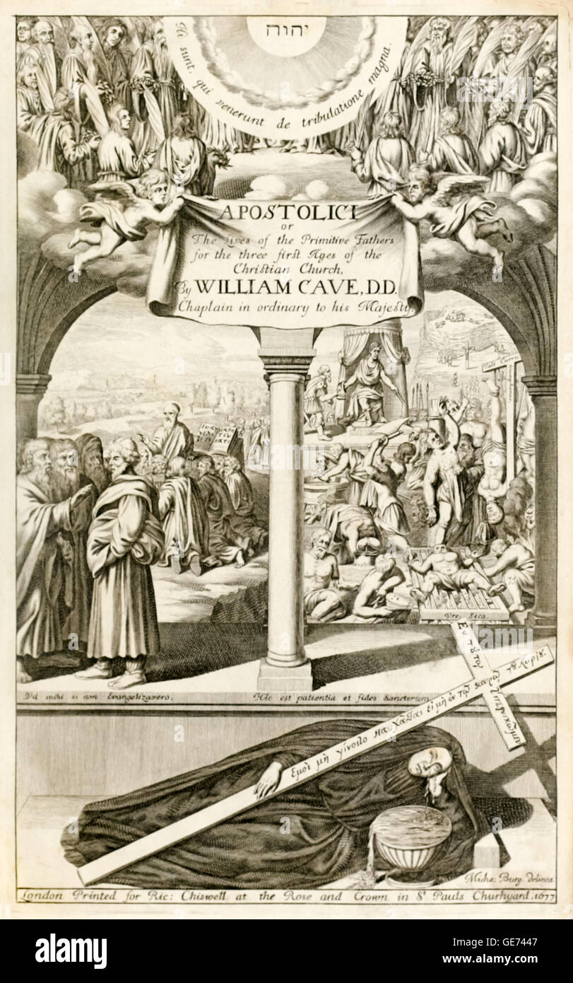 Frontispiz zeigt die Väter der christlichen Kirche im Himmel (oben); eine frühe Prediger (links); ersten Märtyrer werden gefoltert und getötet (rechts) und der Jungfrau Maria hält das Kreuz mit ihren Tränen überfließen (unten). Kupferstich von Michael Bürger (1647-1727). Stockfoto
