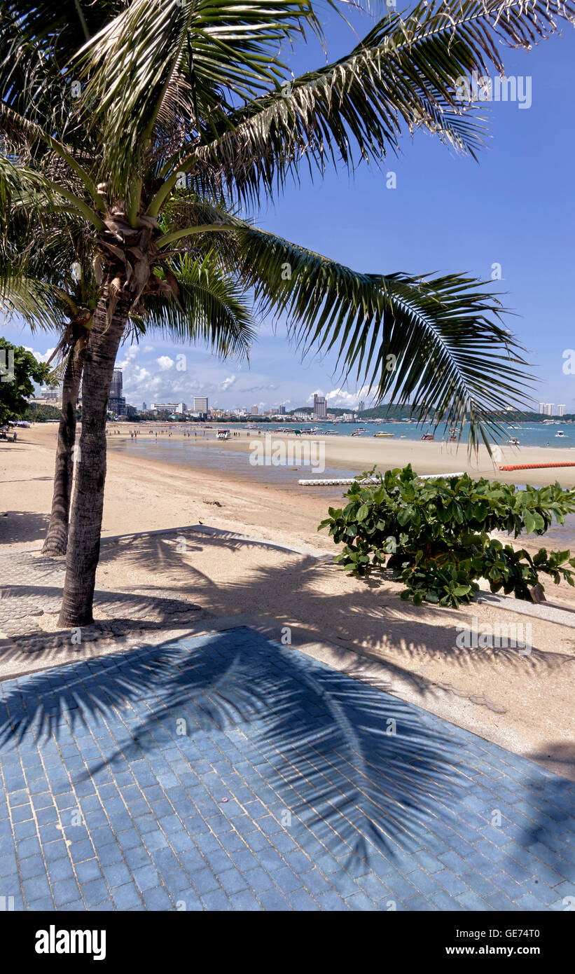 Pattaya Strand mit tropischen Palmen und tiefblauem Sommerhimmel. Thailand S. E. Asien Stockfoto