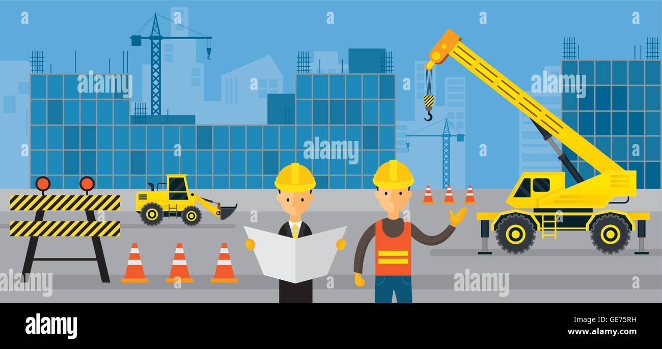 Baustelle, Arbeiter mit Hintergrund, Fahrzeuge, Baumaschinen, Ingenieur, Gebäude Stock Vektor