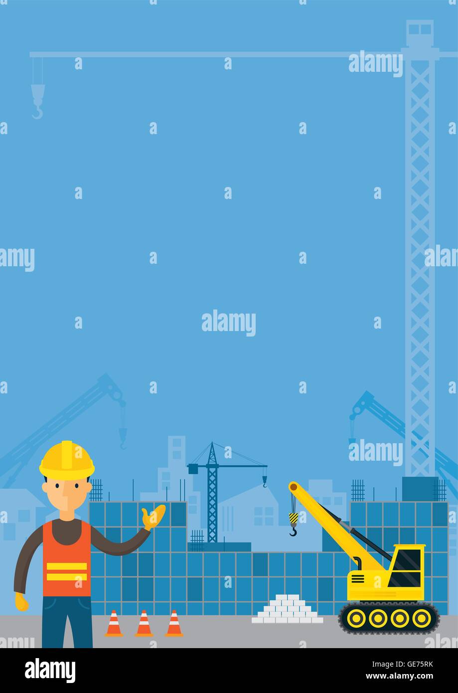 Arbeiter und Bau Hintergrund, Rahmen, Fahrzeuge, Baumaschinen, Gebäude Stock Vektor