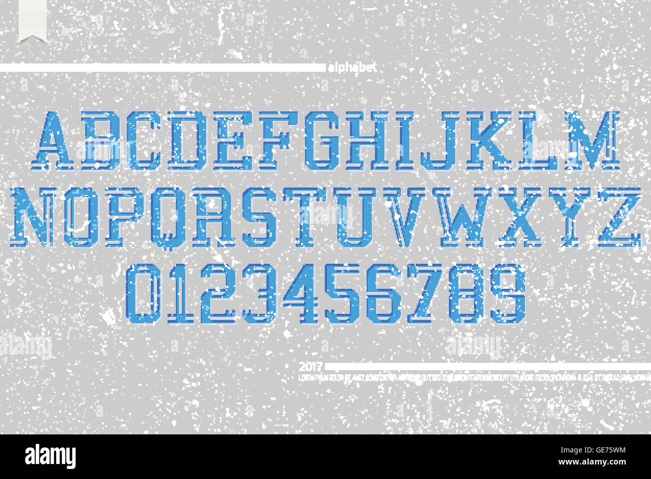 Satz von Universität Sport Stil Alphabet Buchstaben und Zahlen auf Grunge Papierhintergrund. Vektor, dynamische Schriftart Schriftgestaltung. Team t Stock Vektor