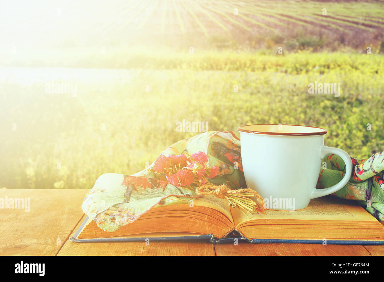 Fashion Schal mit Kaffee und alte Buch auf einem Holztisch vor Sommer Morgensonne. Jahrgang gefiltert Stockfoto