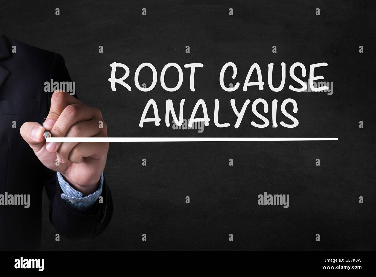 ROOT CAUSE ANALYSIS und Geschäftsmann Zeichenblatt an Tafel Stockfoto