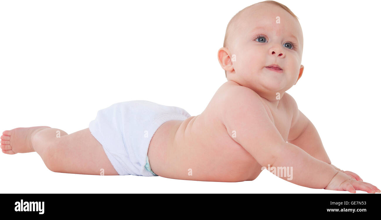Ein Foto von niedlichen Babyjungen suchen Weg Seitenansicht Kleinkindes liegt er isoliert Windel trägt auf seinem Bauch Stockfoto