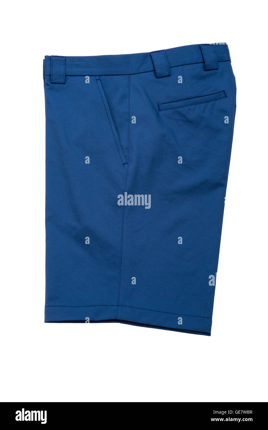 Blaue kurze Hosen, Hosen für Herren auf weißem Hintergrund Stockfoto