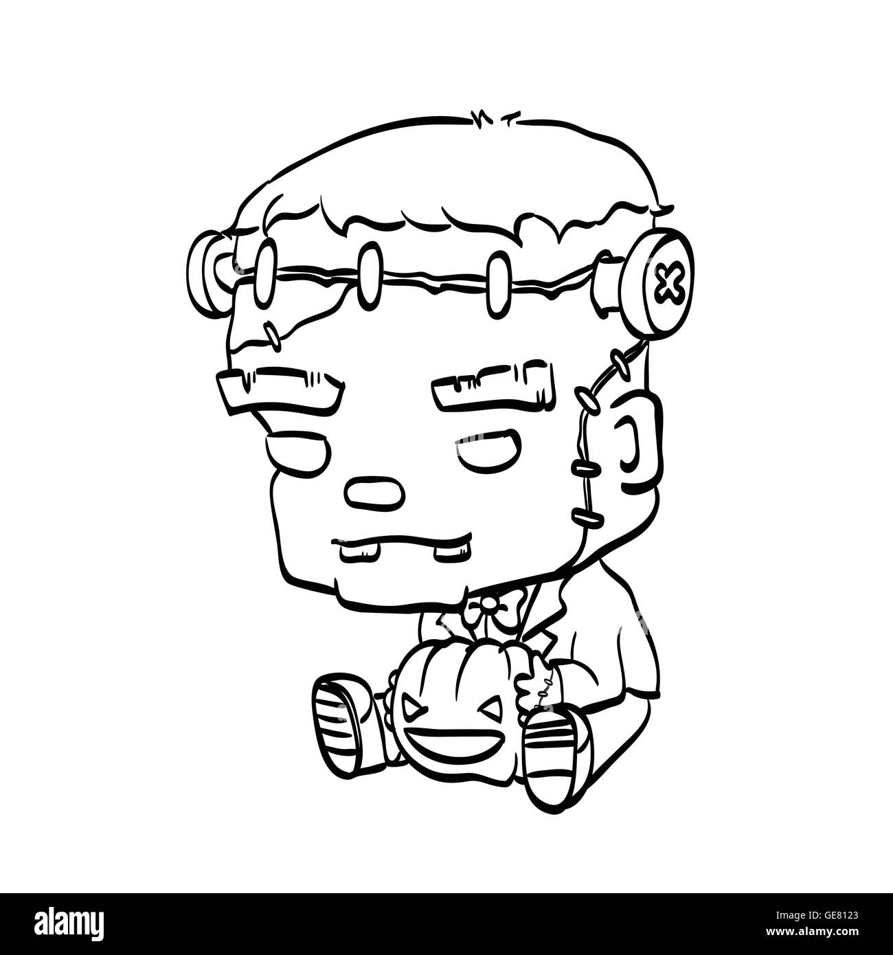 Vektor-Illustration von niedlichen Cartoon Charakter Frankenstein mit Jack O' Lantern Gliederung zum Ausmalen Stock Vektor