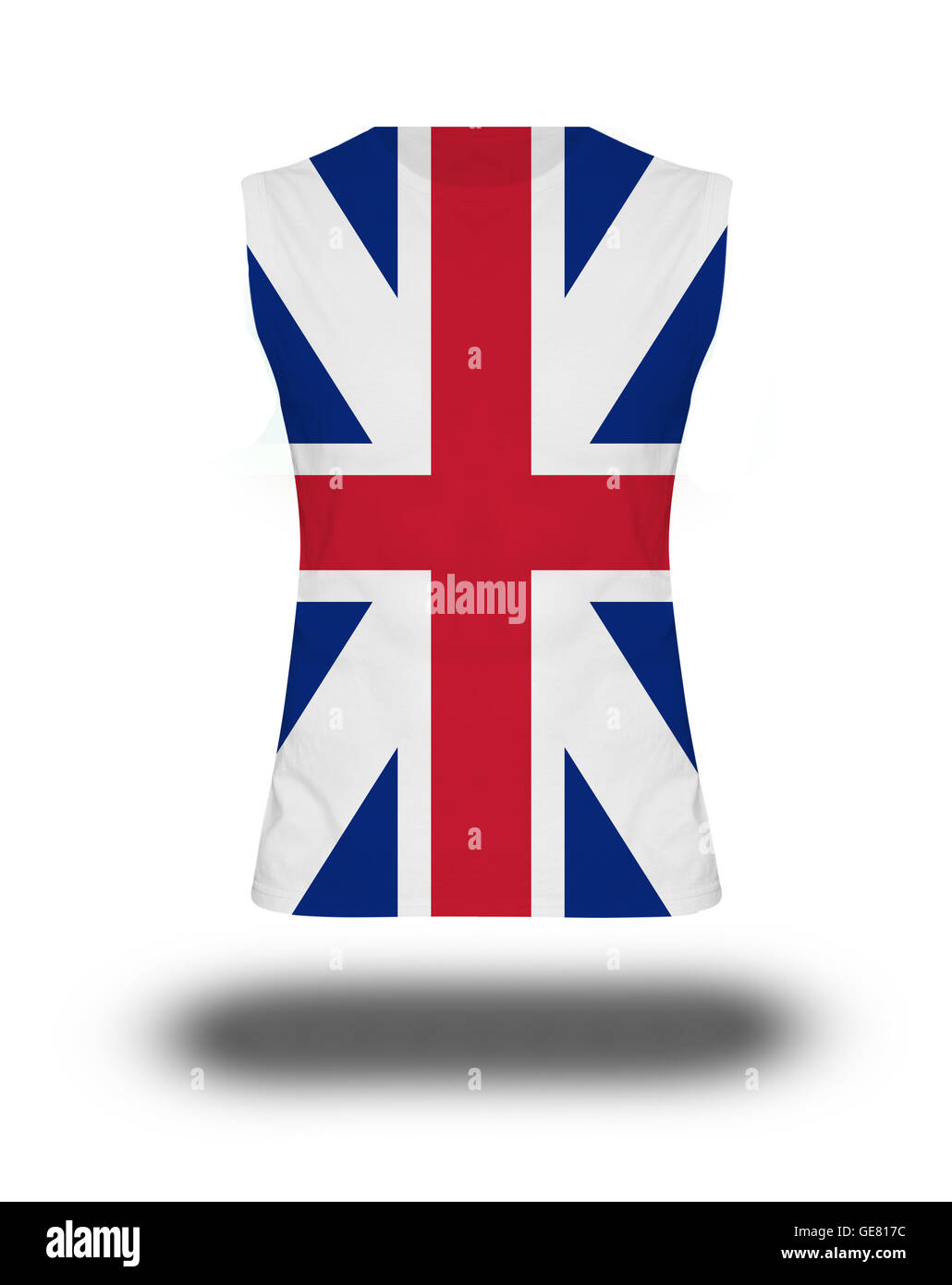 athletische ärmelloses Shirt mit Großbritannien Flagge auf weißem Hintergrund und Schatten Stockfoto