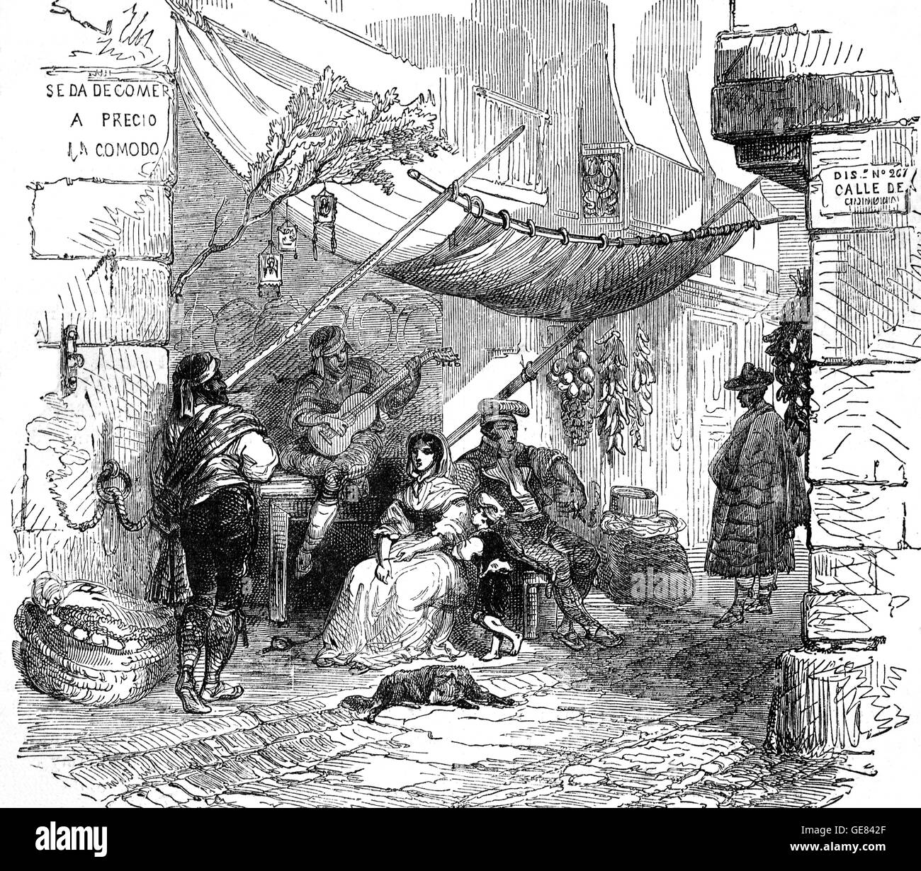 Zufluchtnahme vor der Mittagssonne sitzen einheimische im Schatten von einem spanischen Venta oder am Straßenrand Inn angeboten. Stockfoto