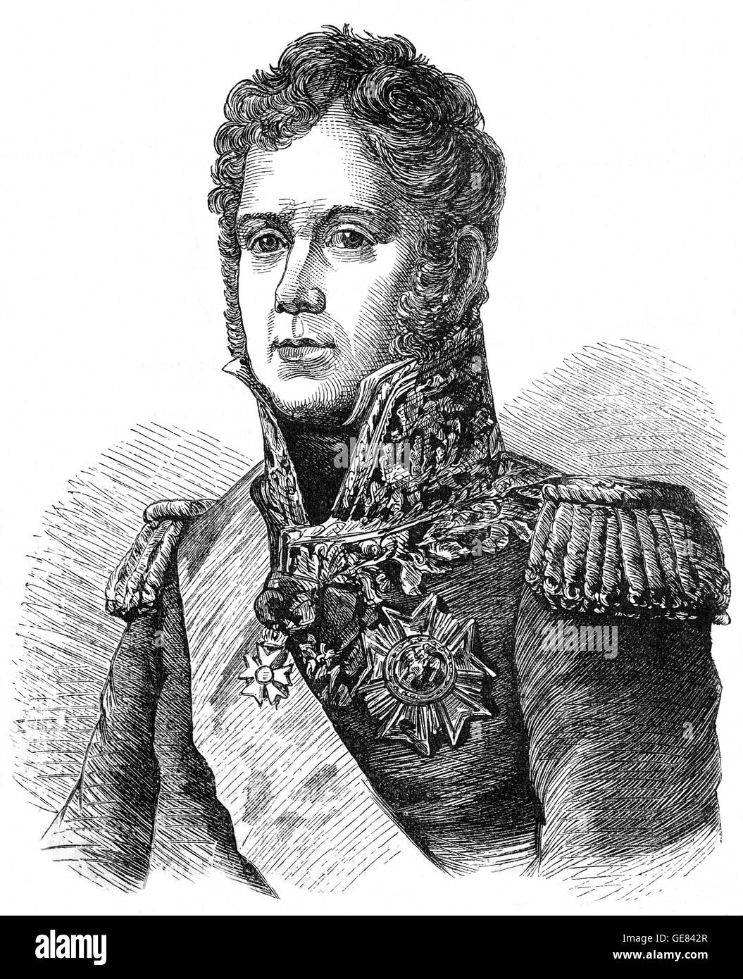 Michel Ney(1769 – 1815), bekannt als Marschall Ney, war ein französischer Soldat und Feldherr während französische revolutionäre Kriege und Napoleonische Kriege. Er diente in der Invasion 1812 in Russland und war einer der ursprünglichen 18 Marschälle des Reiches durch Napoleon geschaffen. Stockfoto