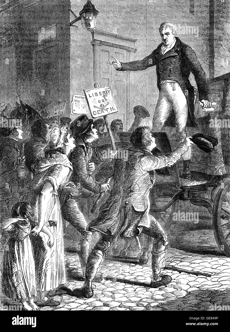 Henry "Redner" Hunt (1773 – 1835) der britischen radikalen Sprecher und Rührwerk Adressierung Menschen in Manchester. Ein Pionier der Arbeiterklasse Radikalismus und einen wichtigen Einfluss auf die späteren Chartist Bewegung, befürwortete er Parlamentsreform und die Abschaffung der Corn Laws. Stockfoto