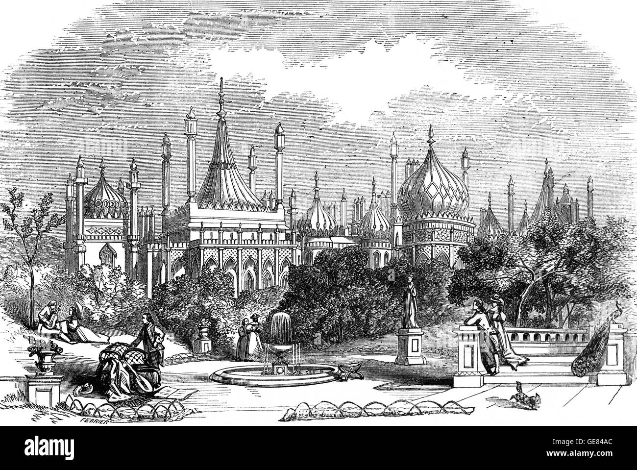 Der Royal Pavilion, auch bekannt als der Brighton Pavilion, befindet sich eine ehemalige königliche Residenz befindet sich in Brighton, England. Es wurde in drei Stufen als Rückzugsort am Meer für George, Prinz von Wales im Indo-sarazenischen Stil weit verbreitet in Indien für die meisten des 19. Jahrhunderts gebaut. Das heutige Aussehen des Pavillons, mit seinen Kuppeln und Minarette, ist das Werk des Architekten John Nash, der das Gebäude ab 1815 erweitert. Stockfoto