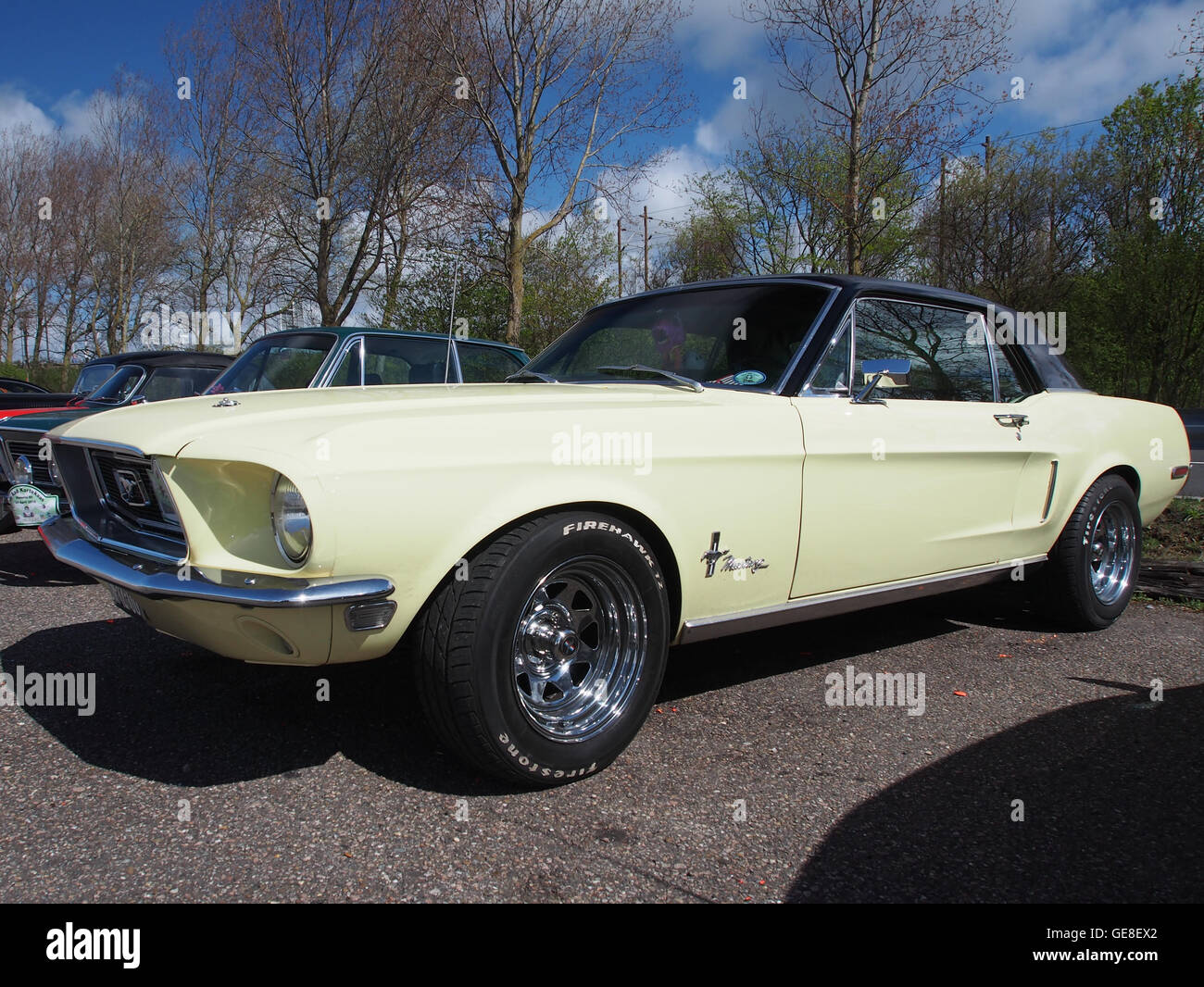 Dieses Bild zeigt einen klassischen gelben Ford Mustang aus dem Jahr 1968, ein Modell, das für sein kultiges Design und seine Leistung bekannt ist. Der 1968 Mustang ist nach wie vor ein Symbol amerikanischer Muscle Cars, mit seinem leistungsstarken Motor und seinem eleganten Design, das ihn in den 1960er Jahren zu einer beliebten Wahl machte Stockfoto