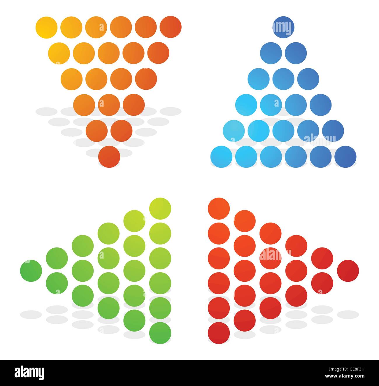 Gepunktete Pfeilspitzen, Pfeile nach oben, unten Sie, links, rechts. Farbige Pfeile. Stock Vektor