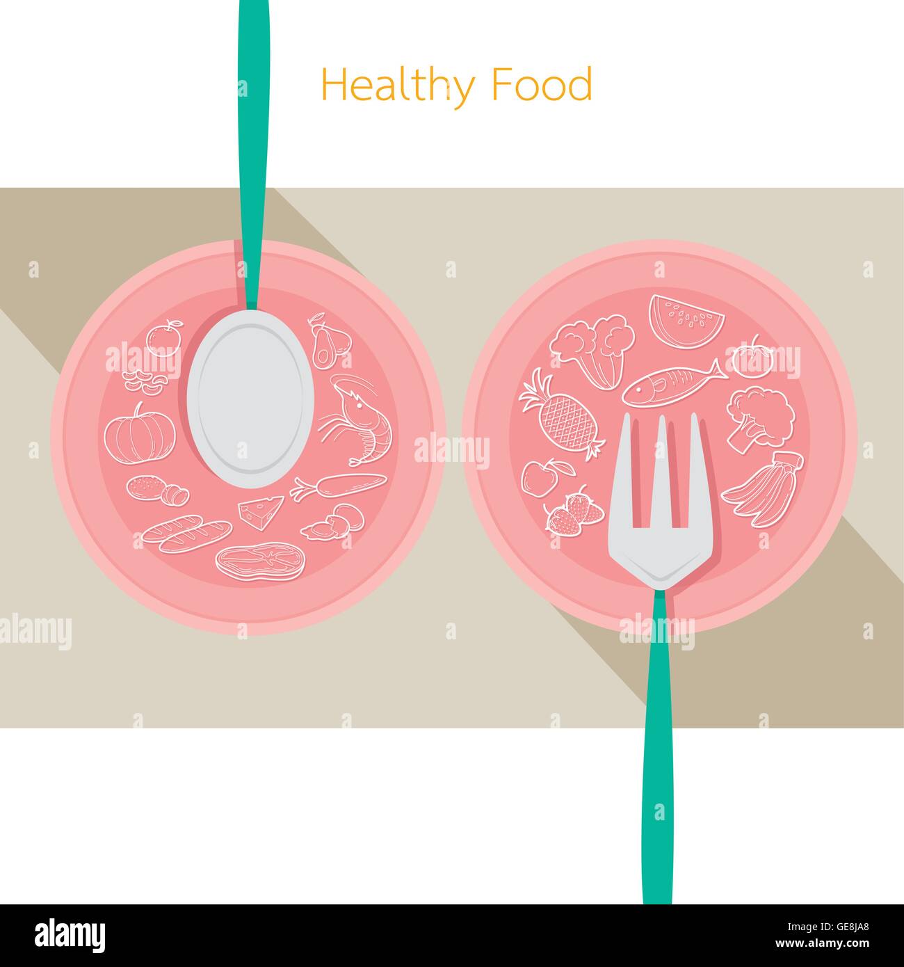 Essen lineare Symbole setzen auf Teller mit Löffel und Gabel, gesund, Bio, Ernährung, Medizin, geistige und körperliche Gesundheit, Kategorie Stock Vektor