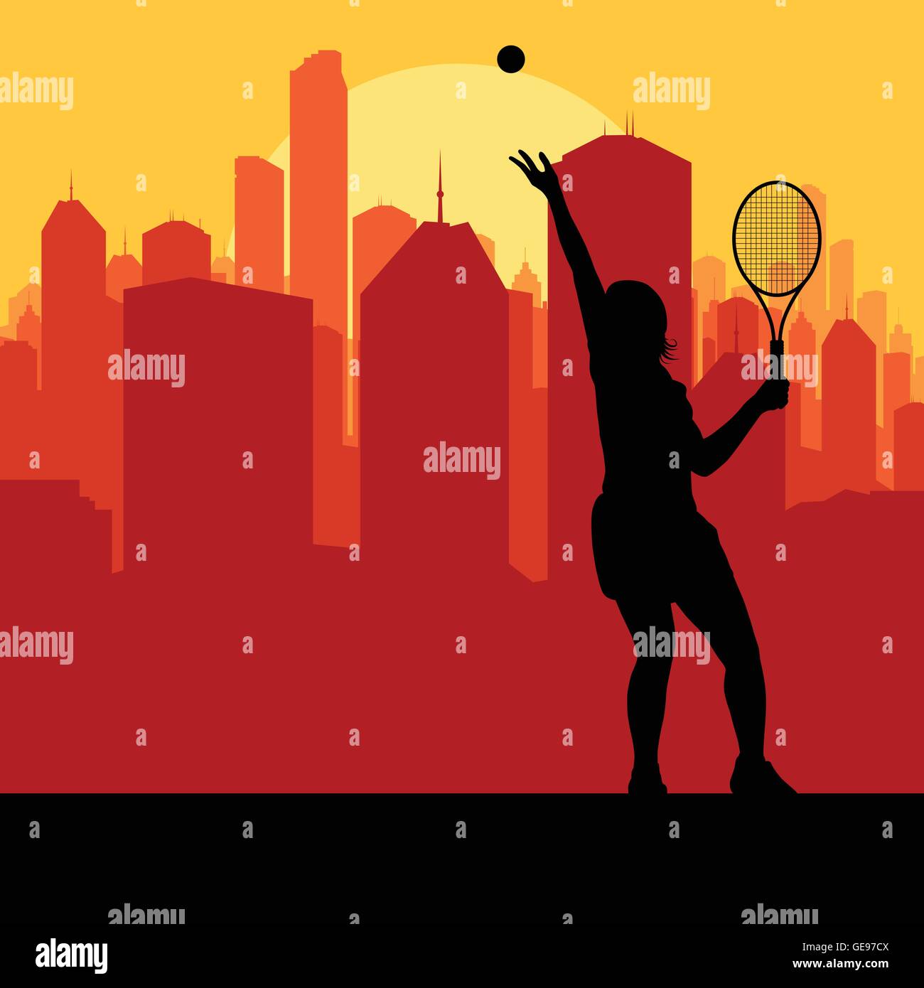 Tennis Spieler Silhouette und Stadt im Sonnenuntergang Vektor Hintergrund Stock Vektor