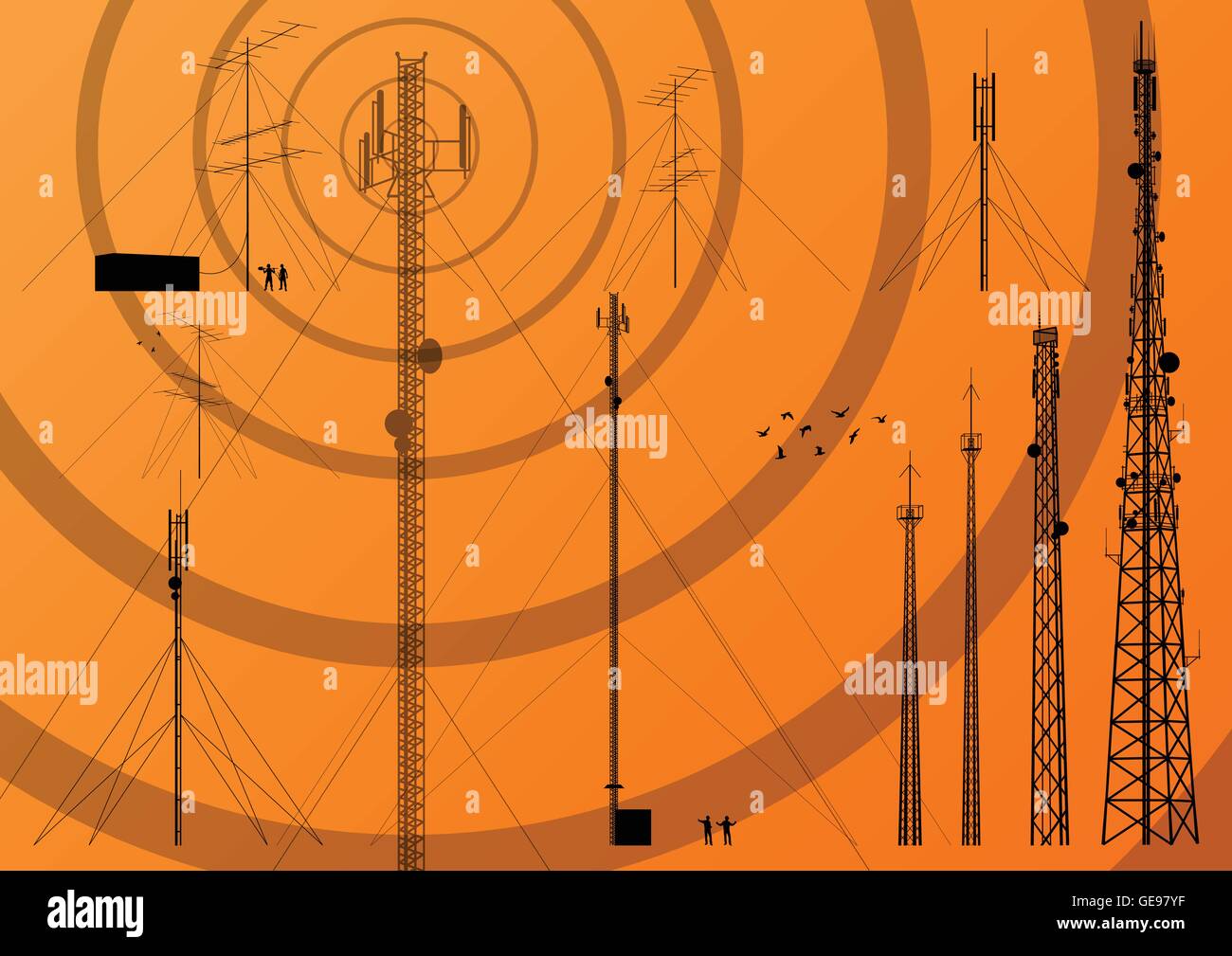 Fernmeldeturm, Radio, Fernsehen und Mobilfunk-Basisstation Sammlung Vektor-Hintergrund Stock Vektor