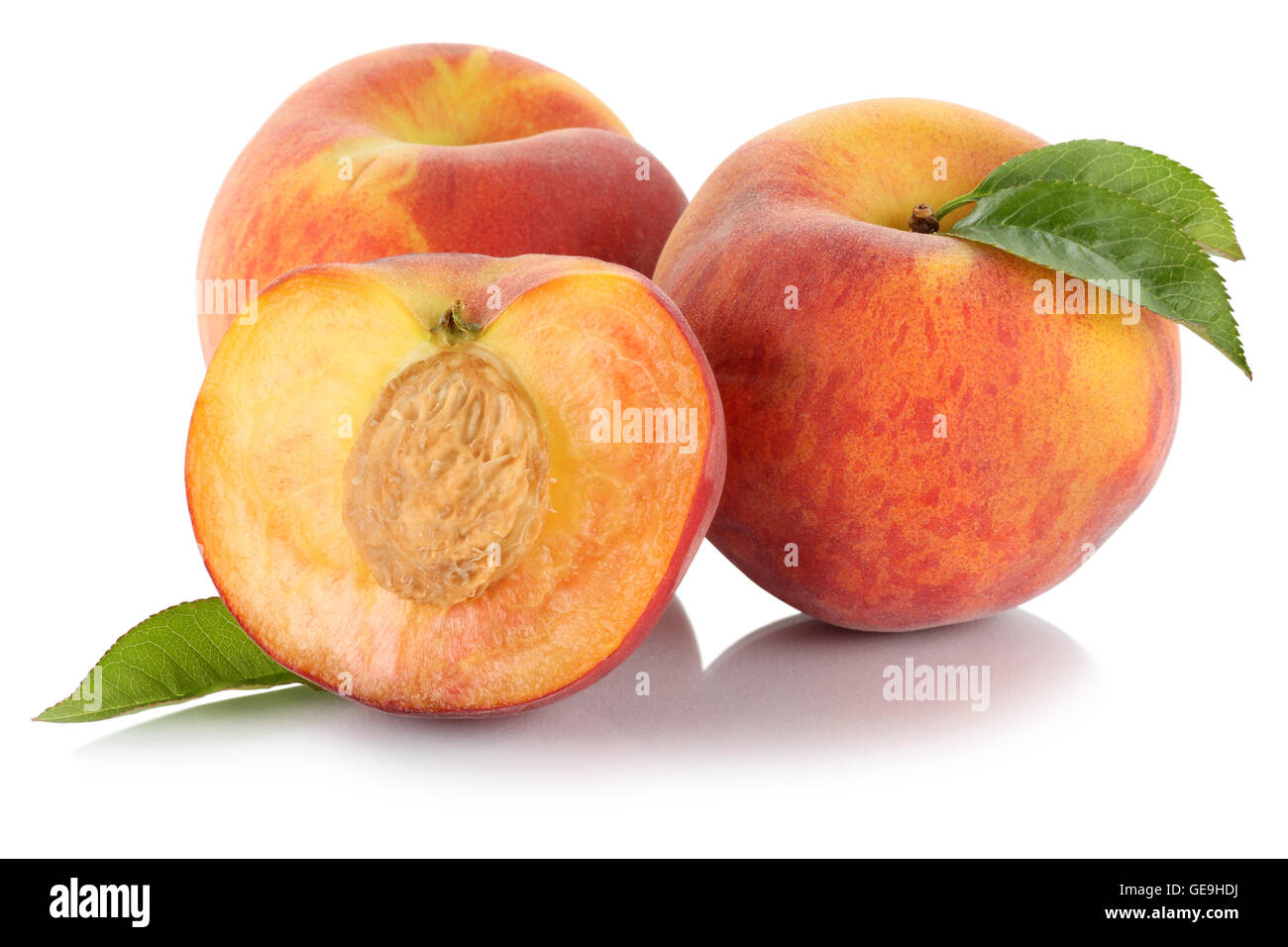 Pfirsich Pfirsiche Obst frisches Obst isoliert auf weißem Hintergrund Stockfoto