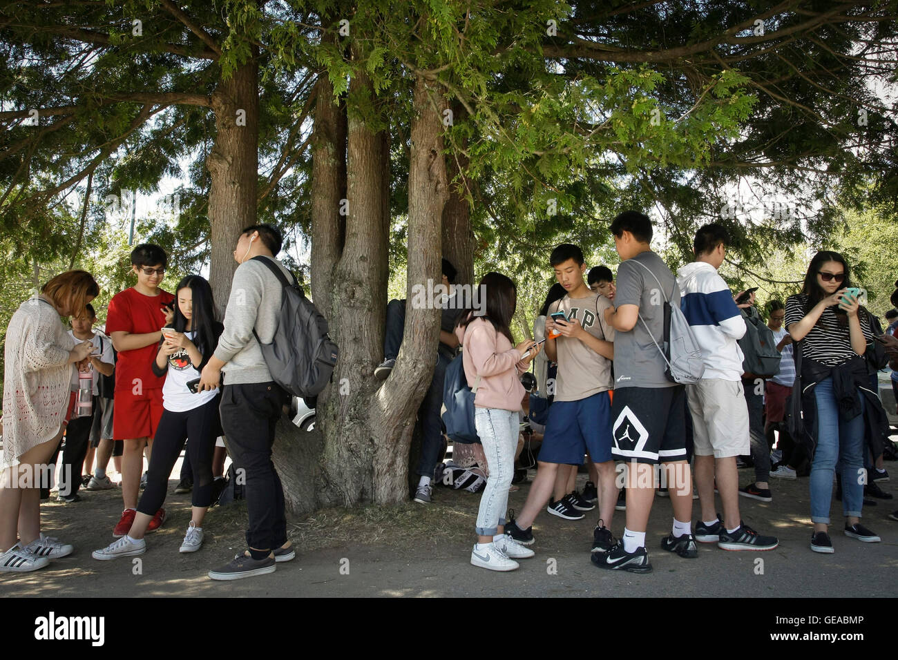 Vancouver, Kanada. 23. Juli 2016. Menschen spielen "Pokemon Go" während einer Versammlung im Stanley Park in Vancouver, Kanada, 23. Juli 2016. Mehr als 1.000 Fans ging nach draußen auf die Jagd nach Pokemon beitreten. Augmented-Reality-Spiel "Pokemon Go" ist ein Smartphone-Verjüngung der beliebten japanischen Videospiel-Serie Pokémon, das bis in die 1990er Jahre datiert. Im Spiel sind Spieler verpflichtet, erkunden ihre Umgebung um Kreaturen finden, trainiere sie und nutzen sie, um gegen andere Spieler kämpfen. Bildnachweis: Liang Sen/Xinhua/Alamy Live-Nachrichten Stockfoto