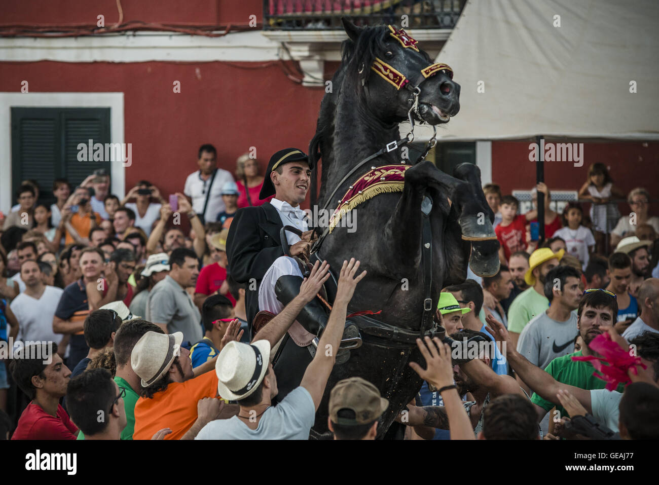 Es Castell, Balearen, Spanien. 24. Juli 2016. Ein "Caixer" (Reiter) bäumt sich auf seinem Pferd, umgeben von einer jubelnden Menge während der traditionellen "Sant Jaume" (Jakobsweg) Festival in Es Castell, der Stadt Gönner Heiliges Fiesta Credit: Matthias Oesterle/ZUMA Draht/Alamy Live News Stockfoto