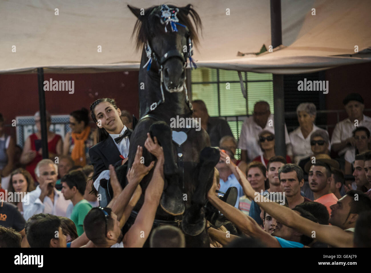Es Castell, Balearen, Spanien. 24. Juli 2016. Ein "Caixer" (Reiter) bäumt sich auf seinem Pferd, umgeben von einer jubelnden Menge während der traditionellen "Sant Jaume" (Jakobsweg) Festival in Es Castell, der Stadt Gönner Heiliges Fiesta Credit: Matthias Oesterle/ZUMA Draht/Alamy Live News Stockfoto