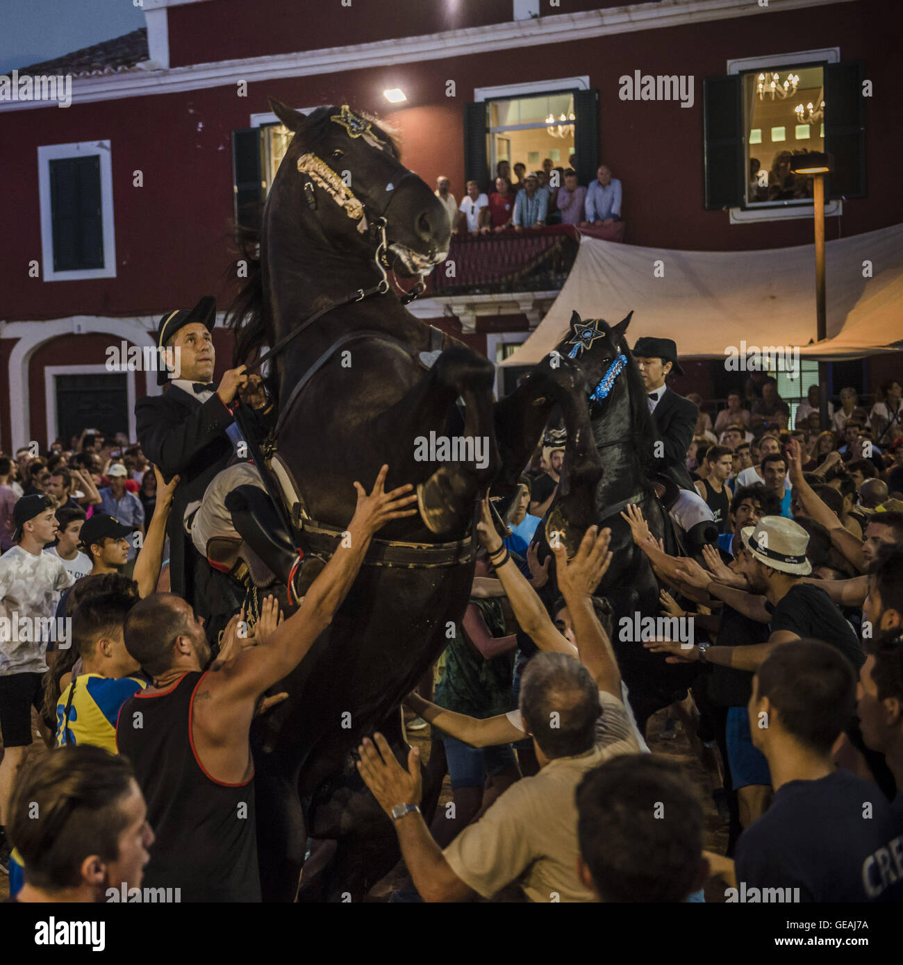 Es Castell, Balearen, Spanien. 24. Juli 2016. Ein "Caixer" (Reiter) bäumt sich auf seinem Pferd, umgeben von einer jubelnden Menge während der traditionellen "Sant Jaume" (Jakobsweg) Festival in Es Castell, der Stadt Gönner Heiliges Fiesta Credit: Matthias Oesterle/ZUMA Draht/Alamy Live News Stockfoto