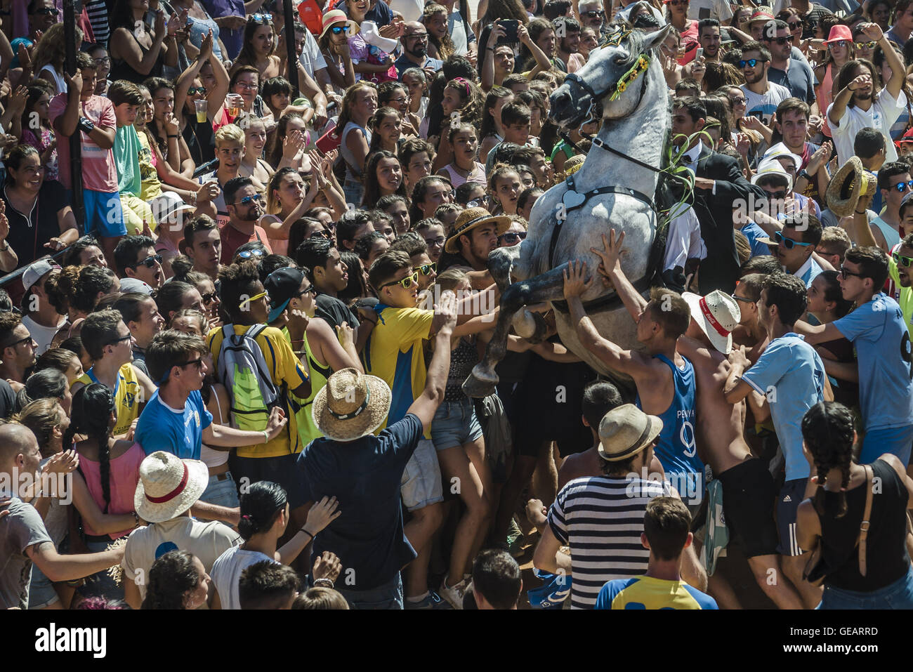 Es Castell, Balearen, Spanien. 25. Juli 2016. Ein "Caixer" (Reiter) bäumt sich auf seinem Pferd, umgeben von einer jubelnden Menge während der 2. "Jaleo" des traditionellen "Sant Jaume" (Jakobsweg) Festival in Es Castell, der Stadt Gönner Heiliges Fiesta Credit: Matthias Oesterle/ZUMA Draht/Alamy Live News Stockfoto