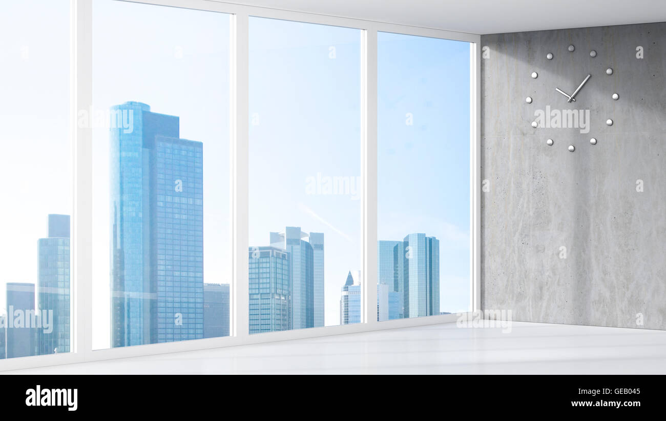 3D-Rendering, Zimmer mit Uhr, Zimmer, skyline Stockfoto