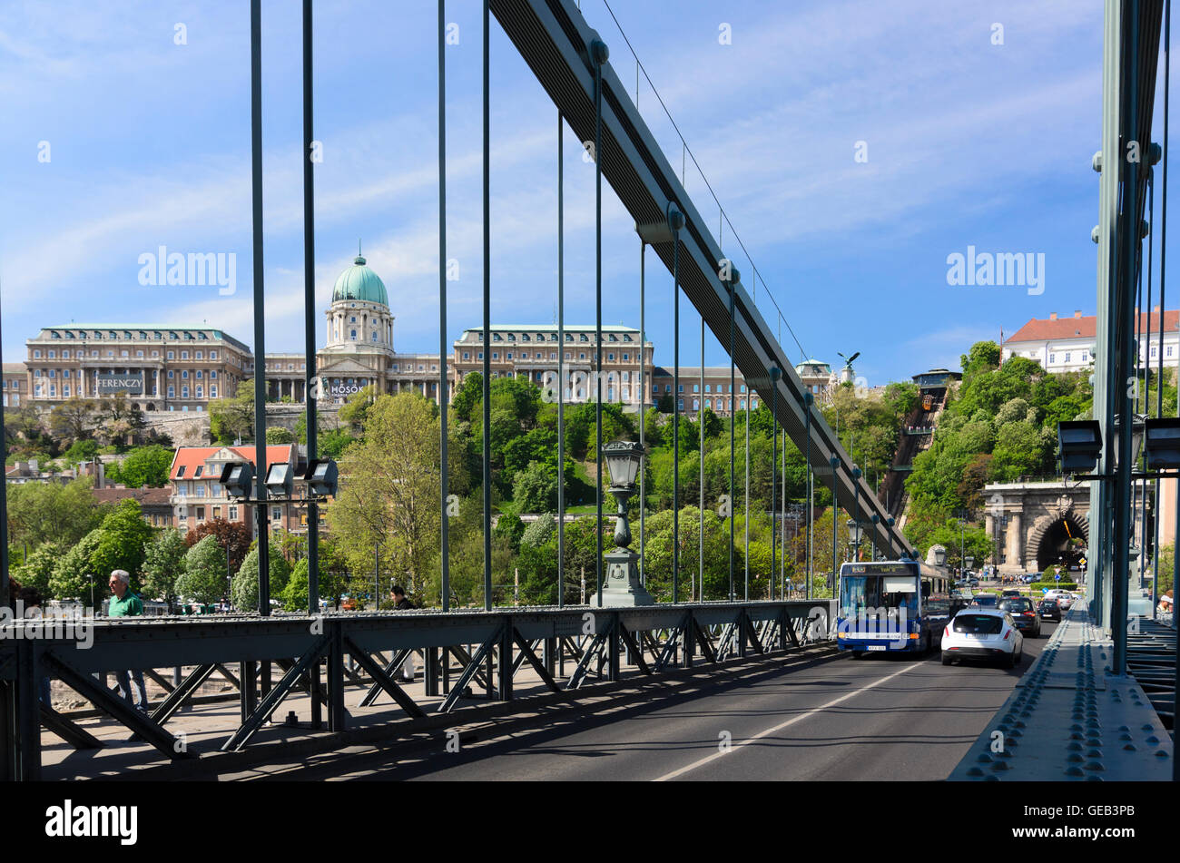 Budapest: Kette (Szechenyi Lánchíd) Brücke über die Donau, Budaer Burg, Ungarn, Budapest, Stockfoto