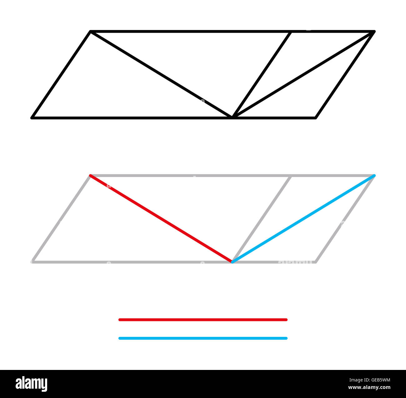 Sander optische Täuschung oder Sanders Parallelogramm. Die linke diagonale Linie scheint länger als die richtige Linie zu sein. Stockfoto