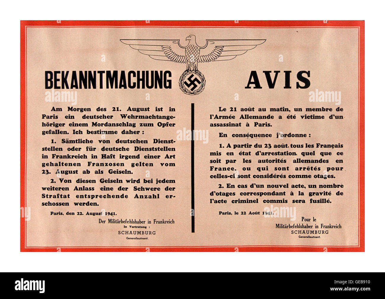Bekanntmachung der „AVIS“-Bekanntmachung der Nazi-Partei im 2. Weltkrieg auf Französisch und Deutsch mit Todesdrohung durch Erschießen, wenn mehr tödliche Widerstandsakte gegen deutsche Nazi-Mitarbeiter stattfinden, Paris, 1941. August Stockfoto