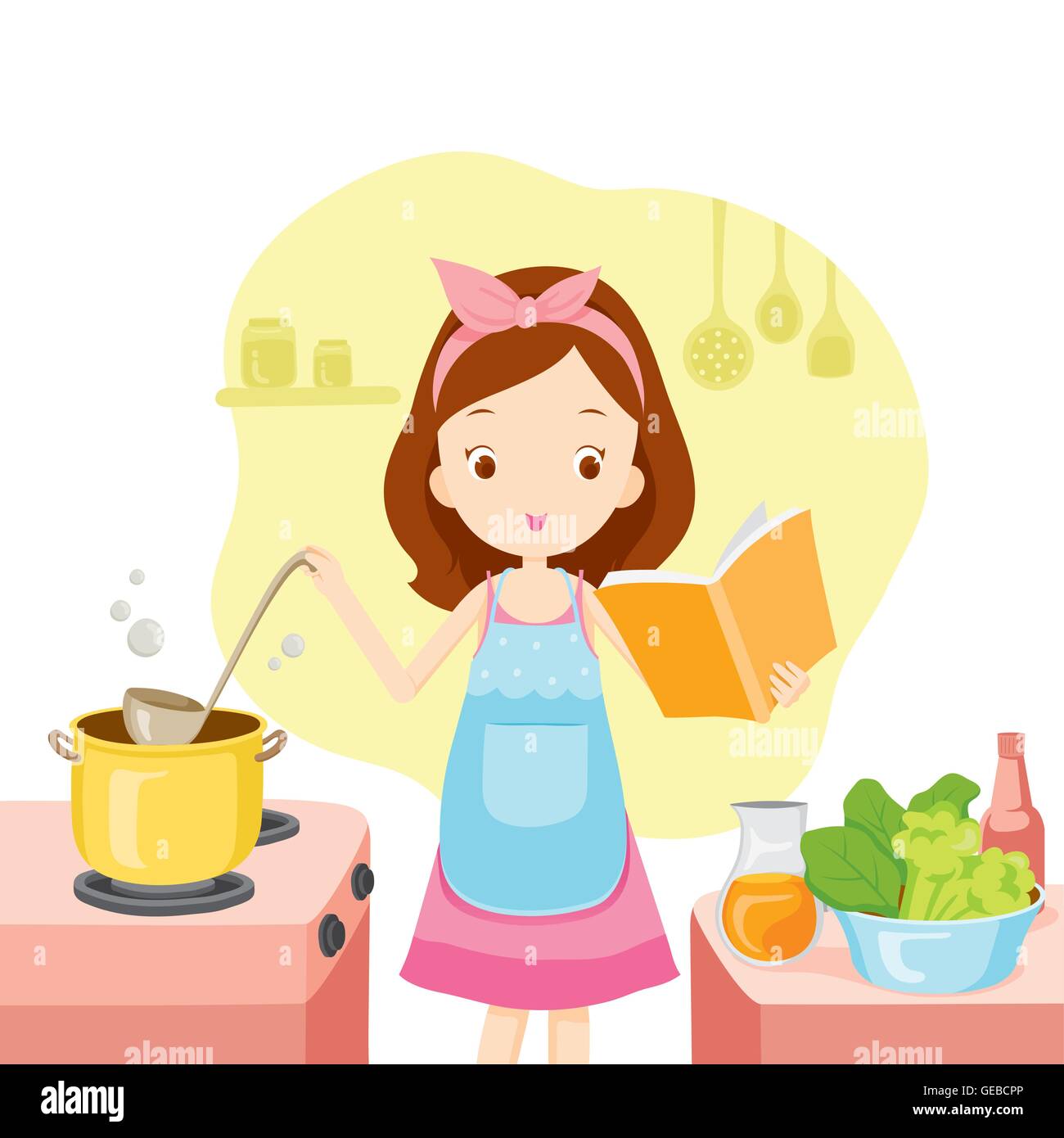 Mädchen kochen Suppe mit Kochbuch, Küche, Geschirr, Geschirr, Kochen, Lebensmittel, Bäckerei, Beruf, Lifestyle Stock Vektor